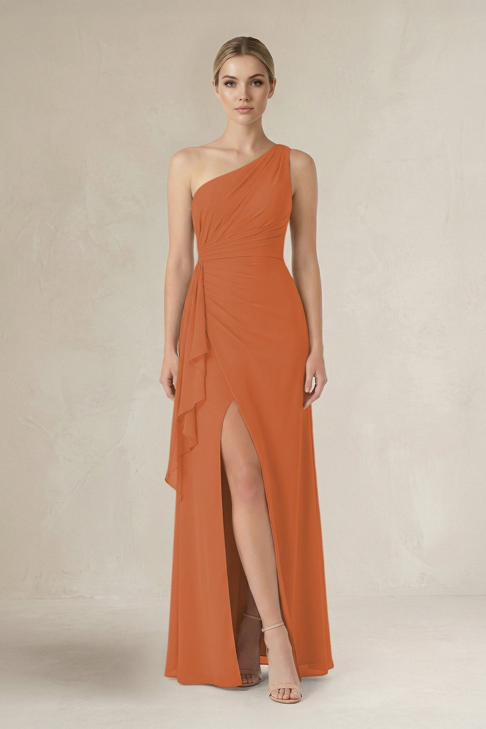 One - Shoulder Sheath Ruched Ruffled Bridesmaid Dress in Terracotta - KissProm Bridesmaid Dresses