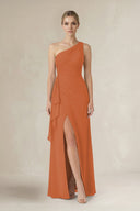 One - Shoulder Sheath Ruched Ruffled Bridesmaid Dress in Terracotta - KissProm Bridesmaid Dresses