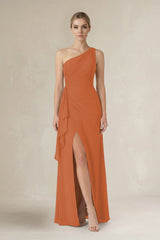 One - Shoulder Sheath Ruched Ruffled Bridesmaid Dress in Terracotta - KissProm Bridesmaid Dresses