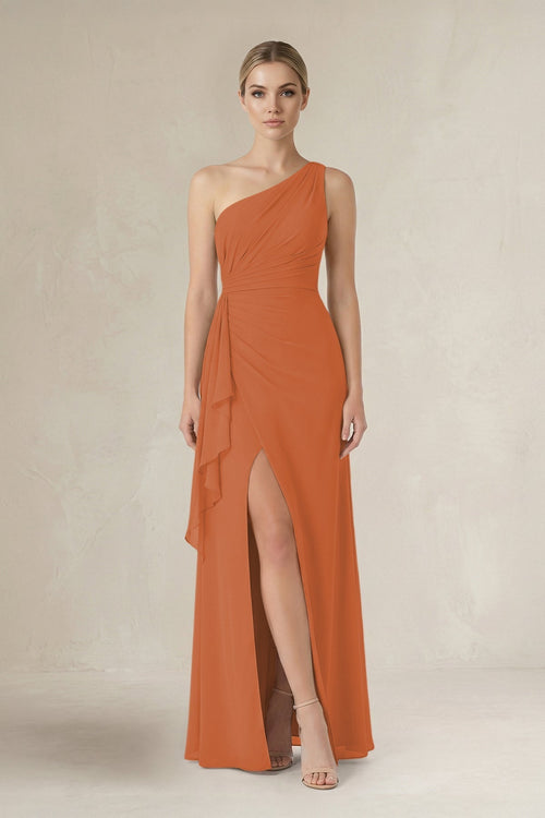 One - Shoulder Sheath Ruched Ruffled Bridesmaid Dress in Terracotta - KissProm Bridesmaid Dresses