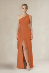One - Shoulder Sheath Ruched Ruffled Bridesmaid Dress in Terracotta - KissProm Bridesmaid Dresses