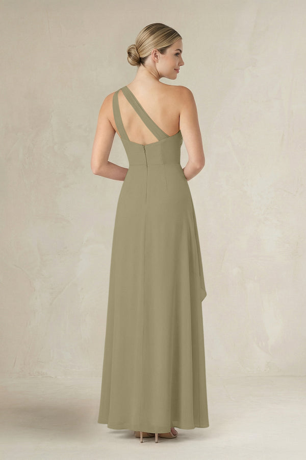 One - Shoulder Sheath Ruched Ruffled Bridesmaid Dress in Thyme - KissProm Bridesmaid Dresses