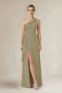 One - Shoulder Sheath Ruched Ruffled Bridesmaid Dress in Thyme - KissProm Bridesmaid Dresses