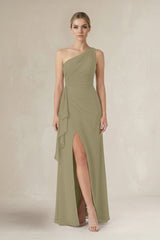 One - Shoulder Sheath Ruched Ruffled Bridesmaid Dress in Thyme - KissProm Bridesmaid Dresses