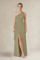 One - Shoulder Sheath Ruched Ruffled Bridesmaid Dress in Thyme - KissProm Bridesmaid Dresses