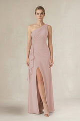 One - Shoulder Sheath Ruched Ruffled Bridesmaid Dress in Toffee - KissProm Bridesmaid Dresses