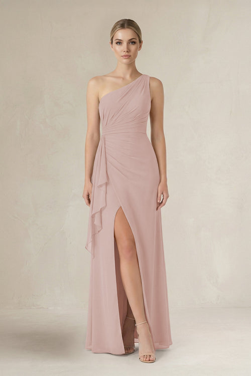 One - Shoulder Sheath Ruched Ruffled Bridesmaid Dress in Toffee - KissProm Bridesmaid Dresses