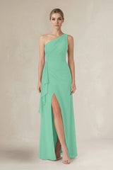 One - Shoulder Sheath Ruched Ruffled Bridesmaid Dress in Turquoise - KissProm Bridesmaid Dresses