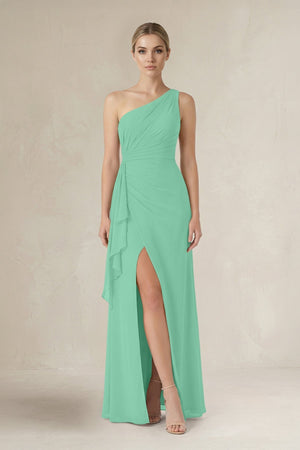 One - Shoulder Sheath Ruched Ruffled Bridesmaid Dress in Turquoise - KissProm Bridesmaid Dresses