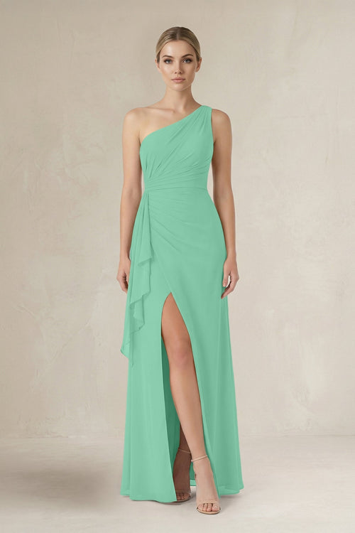One - Shoulder Sheath Ruched Ruffled Bridesmaid Dress in Turquoise - KissProm Bridesmaid Dresses