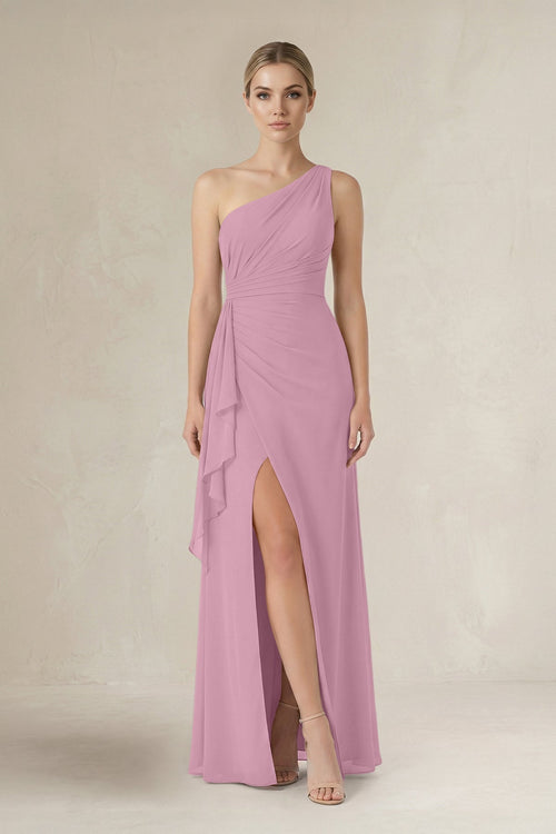 One - Shoulder Sheath Ruched Ruffled Bridesmaid Dress in Vintage Mauve - KissProm Bridesmaid Dresses