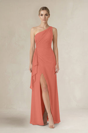 One - Shoulder Sheath Ruched Ruffled Bridesmaid Dress in Wild Rose - KissProm Bridesmaid Dresses