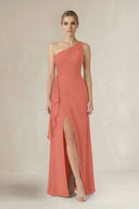 One - Shoulder Sheath Ruched Ruffled Bridesmaid Dress in Wild Rose - KissProm Bridesmaid Dresses