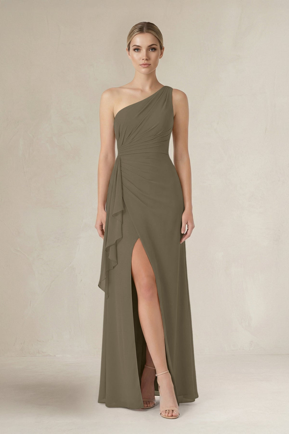 One - Shoulder Sheath Ruched Ruffled Bridesmaid Dress in Willow Green - KissProm Bridesmaid Dresses