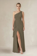 One - Shoulder Sheath Ruched Ruffled Bridesmaid Dress in Willow Green - KissProm Bridesmaid Dresses