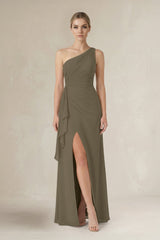 One - Shoulder Sheath Ruched Ruffled Bridesmaid Dress in Willow Green - KissProm Bridesmaid Dresses