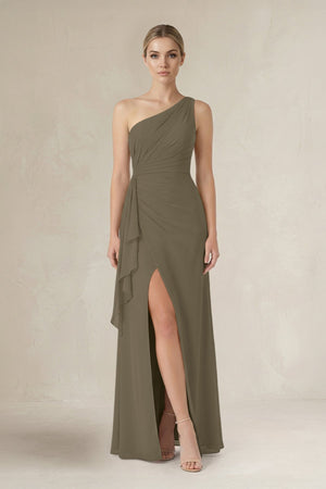One - Shoulder Sheath Ruched Ruffled Bridesmaid Dress in Willow Green - KissProm Bridesmaid Dresses