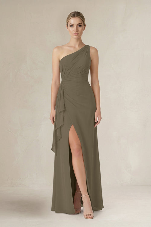 One - Shoulder Sheath Ruched Ruffled Bridesmaid Dress in Willow Green - KissProm Bridesmaid Dresses
