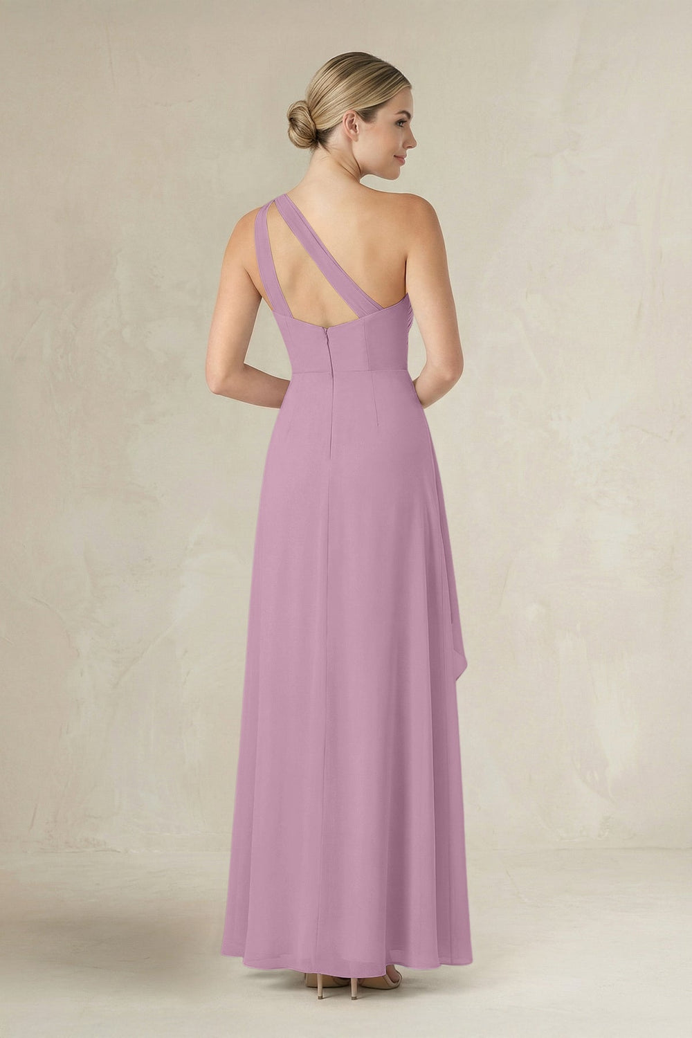 One - Shoulder Sheath Ruched Ruffled Bridesmaid Dress in Wisteria - KissProm Bridesmaid Dresses