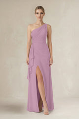 One - Shoulder Sheath Ruched Ruffled Bridesmaid Dress in Wisteria - KissProm Bridesmaid Dresses