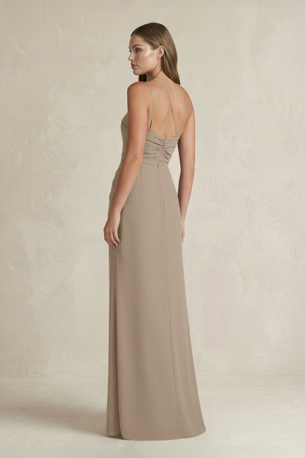 One - Shoulder Sheath Satin Bridesmaid Dress in Almond - KissProm Bridesmaid Dresses