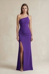 One - Shoulder Sheath Satin Bridesmaid Dress in Amethyst - KissProm Bridesmaid Dresses