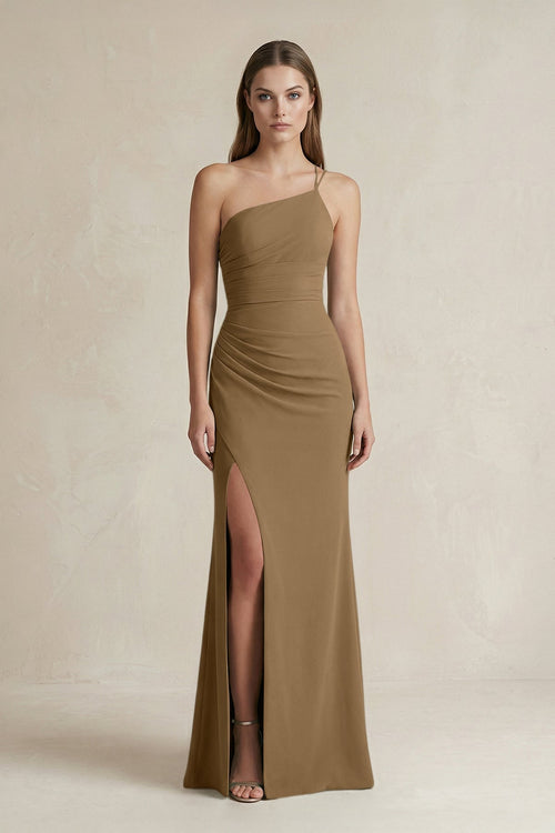 One - Shoulder Sheath Satin Bridesmaid Dress in Apple Cinnamon - KissProm Bridesmaid Dresses