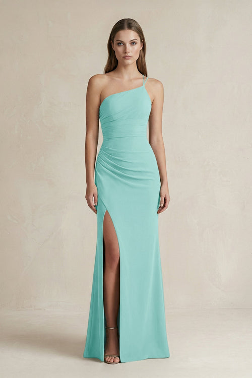 One - Shoulder Sheath Satin Bridesmaid Dress in Aqua - KissProm Bridesmaid Dresses