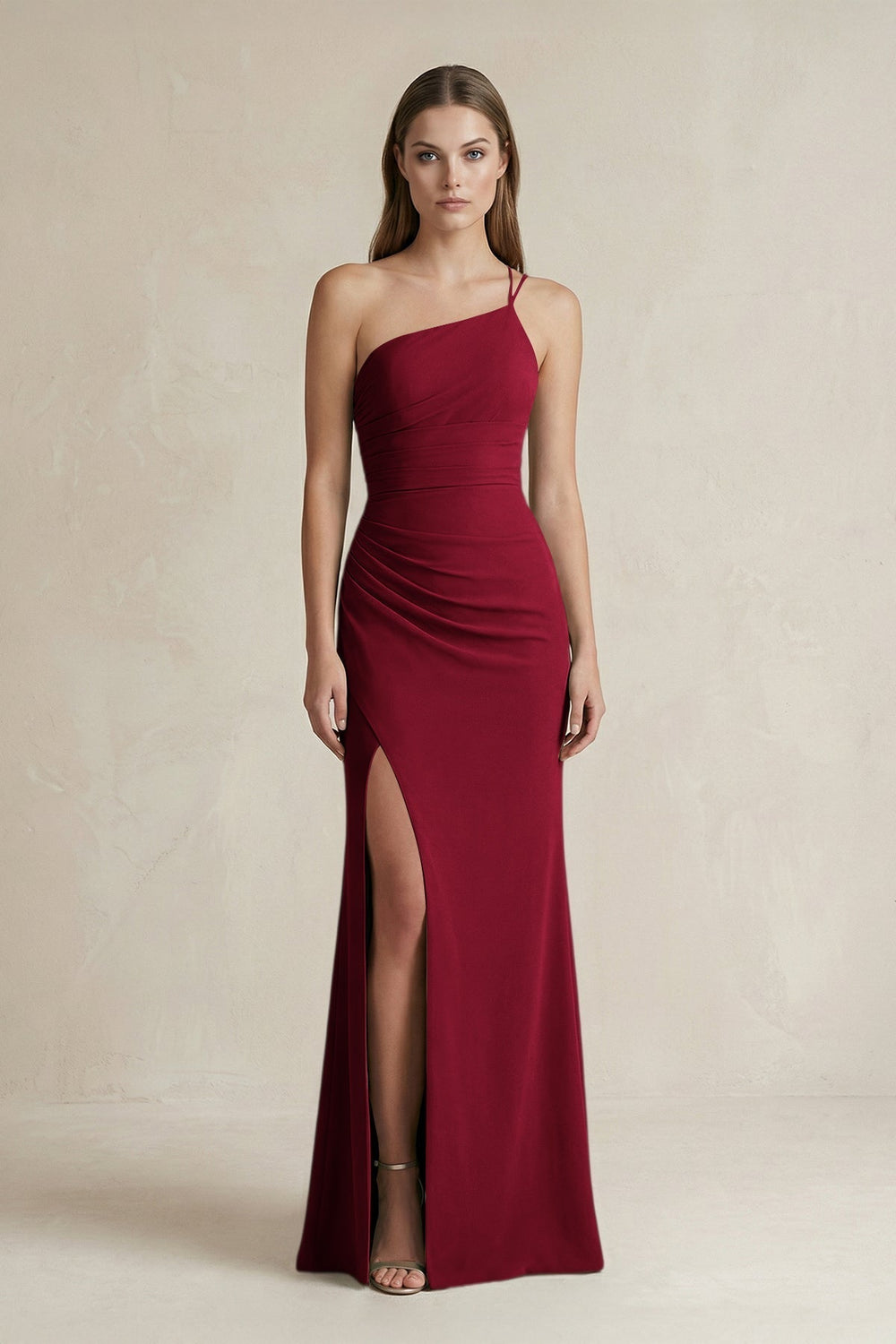 One - Shoulder Sheath Satin Bridesmaid Dress in Berry - KissProm Bridesmaid Dresses