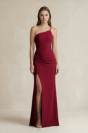 One - Shoulder Sheath Satin Bridesmaid Dress in Berry - KissProm Bridesmaid Dresses