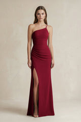 One - Shoulder Sheath Satin Bridesmaid Dress in Berry - KissProm Bridesmaid Dresses