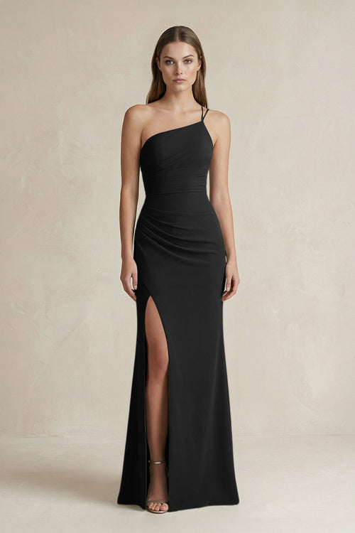 One - Shoulder Sheath Satin Bridesmaid Dress in Black - KissProm Bridesmaid Dresses