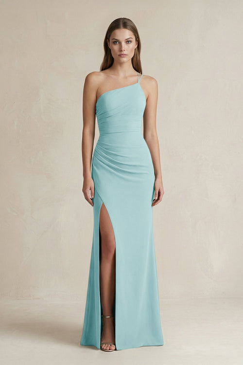 One - Shoulder Sheath Satin Bridesmaid Dress in Bleached Aqua - KissProm Bridesmaid Dresses
