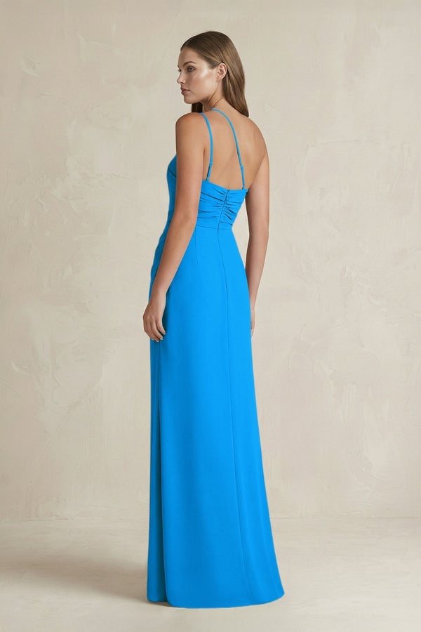 One - Shoulder Sheath Satin Bridesmaid Dress in Blue Jay - KissProm Bridesmaid Dresses
