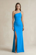 One - Shoulder Sheath Satin Bridesmaid Dress in Blue Jay - KissProm Bridesmaid Dresses