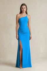 One - Shoulder Sheath Satin Bridesmaid Dress in Blue Jay - KissProm Bridesmaid Dresses