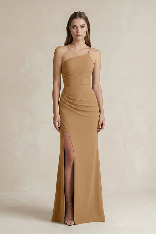 One - Shoulder Sheath Satin Bridesmaid Dress in Bronzer - KissProm Bridesmaid Dresses