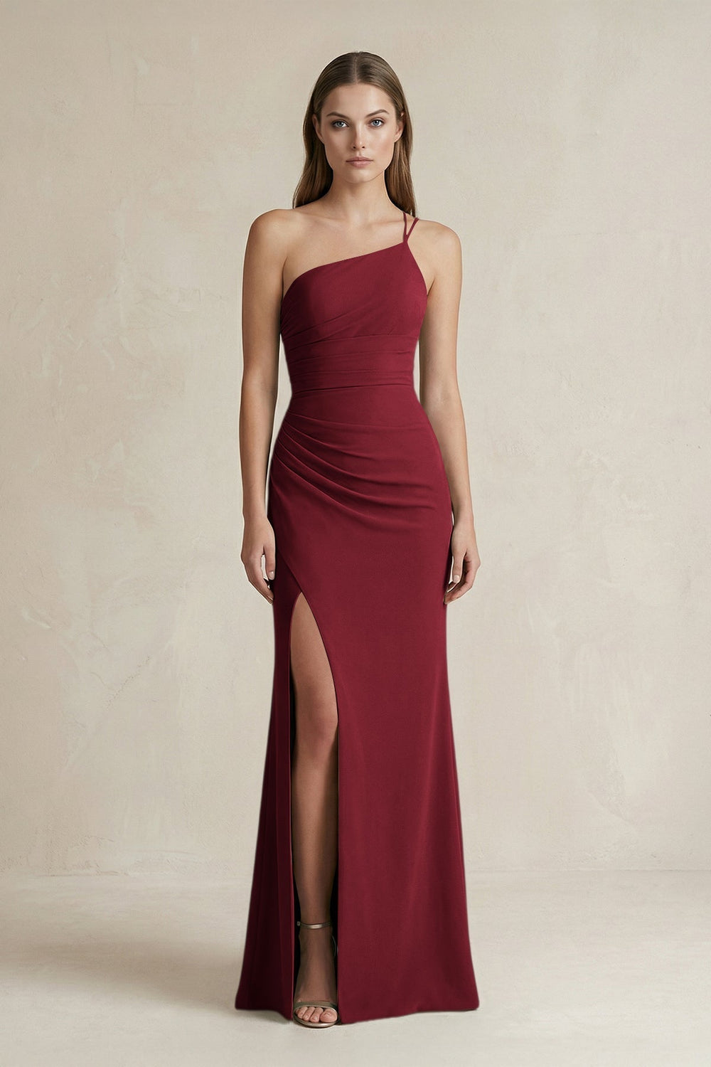 One - Shoulder Sheath Satin Bridesmaid Dress in Burgundy - KissProm Bridesmaid Dresses