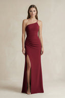 One - Shoulder Sheath Satin Bridesmaid Dress in Burgundy - KissProm Bridesmaid Dresses