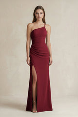 One - Shoulder Sheath Satin Bridesmaid Dress in Burgundy - KissProm Bridesmaid Dresses