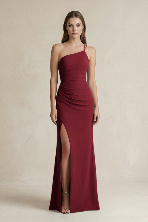 One - Shoulder Sheath Satin Bridesmaid Dress in Burgundy - KissProm Bridesmaid Dresses