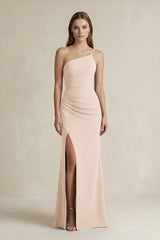 One - Shoulder Sheath Satin Bridesmaid Dress in Buttercream - KissProm Bridesmaid Dresses