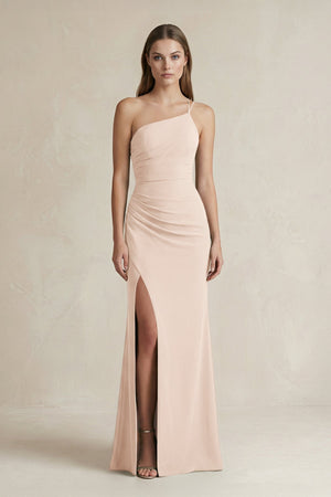 One - Shoulder Sheath Satin Bridesmaid Dress in Buttercream - KissProm Bridesmaid Dresses