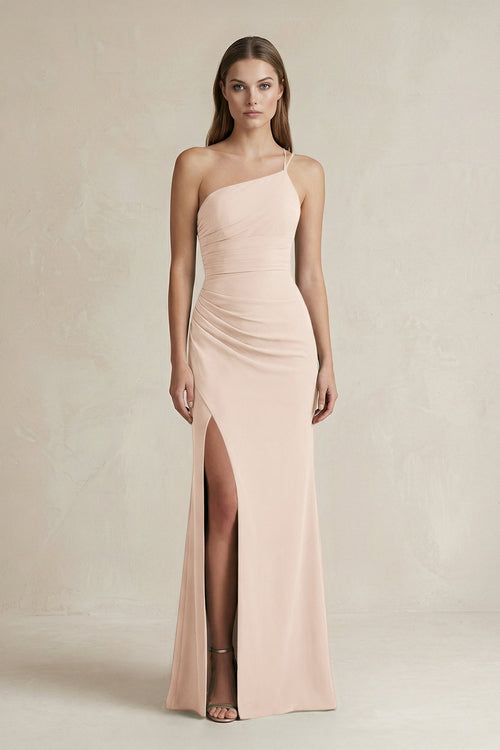 One - Shoulder Sheath Satin Bridesmaid Dress in Buttercream - KissProm Bridesmaid Dresses