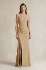 One - Shoulder Sheath Satin Bridesmaid Dress in Champagne - KissProm Bridesmaid Dresses