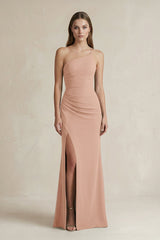 One - Shoulder Sheath Satin Bridesmaid Dress in Champagne Rose - KissProm Bridesmaid Dresses