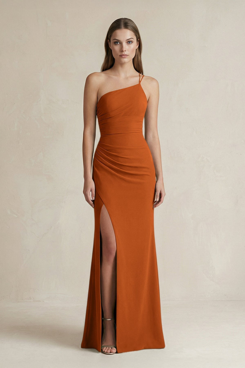 One - Shoulder Sheath Satin Bridesmaid Dress in Cinnamon - KissProm Bridesmaid Dresses