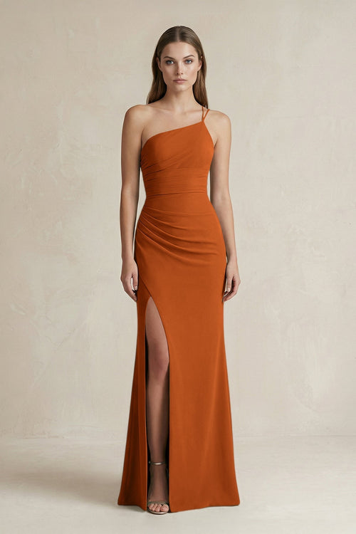One - Shoulder Sheath Satin Bridesmaid Dress in Cinnamon - KissProm Bridesmaid Dresses