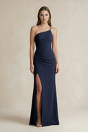 One - Shoulder Sheath Satin Bridesmaid Dress in Dark Navy - KissProm Bridesmaid Dresses