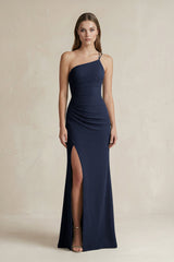 One - Shoulder Sheath Satin Bridesmaid Dress in Dark Navy - KissProm Bridesmaid Dresses